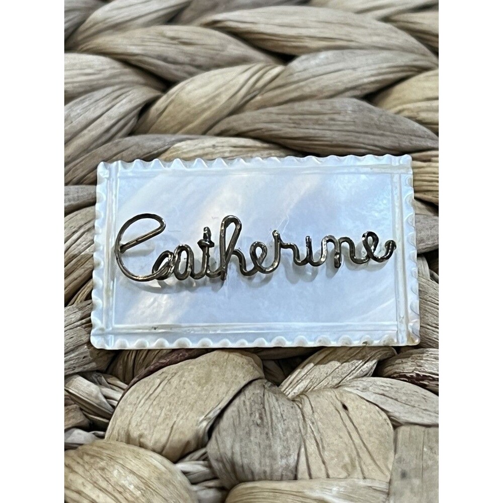 VTG Carved Mother of Pearl Shell Pin Brooch Gold Filled Wire Name Catherine - Picture 4 of 9